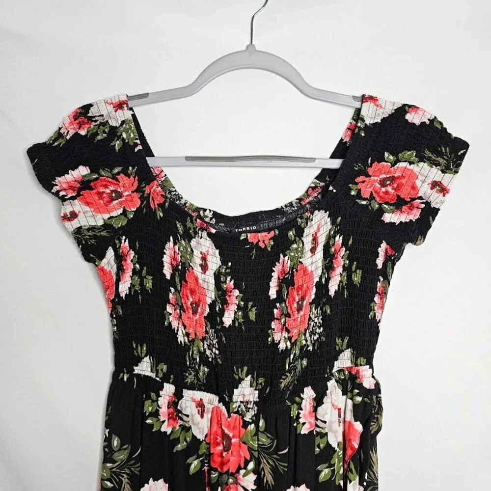 TORRID Challis Maxi Dress BLACK PINK & WHITE Floral size 00 M 10 Hi-Low Summer - Picture 7 of 11